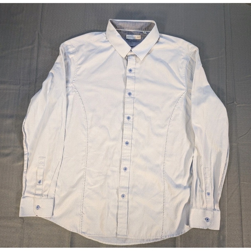 Resolution Mens Medium White Blue Geometric Button Down Shirt Long Sleeve